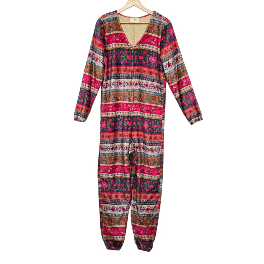 Natural Life Floral Fleece One Piece Pajama Jumpsuit Pink Boho Women's Small‎